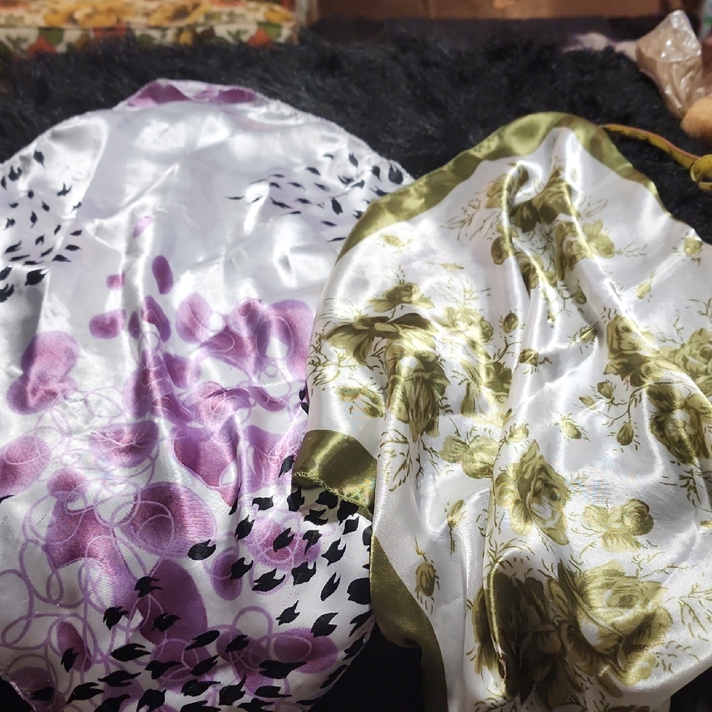 Silk Scarves with Purple and Green Patterns. SEE PHOTOS , SOME SNAGS!!!